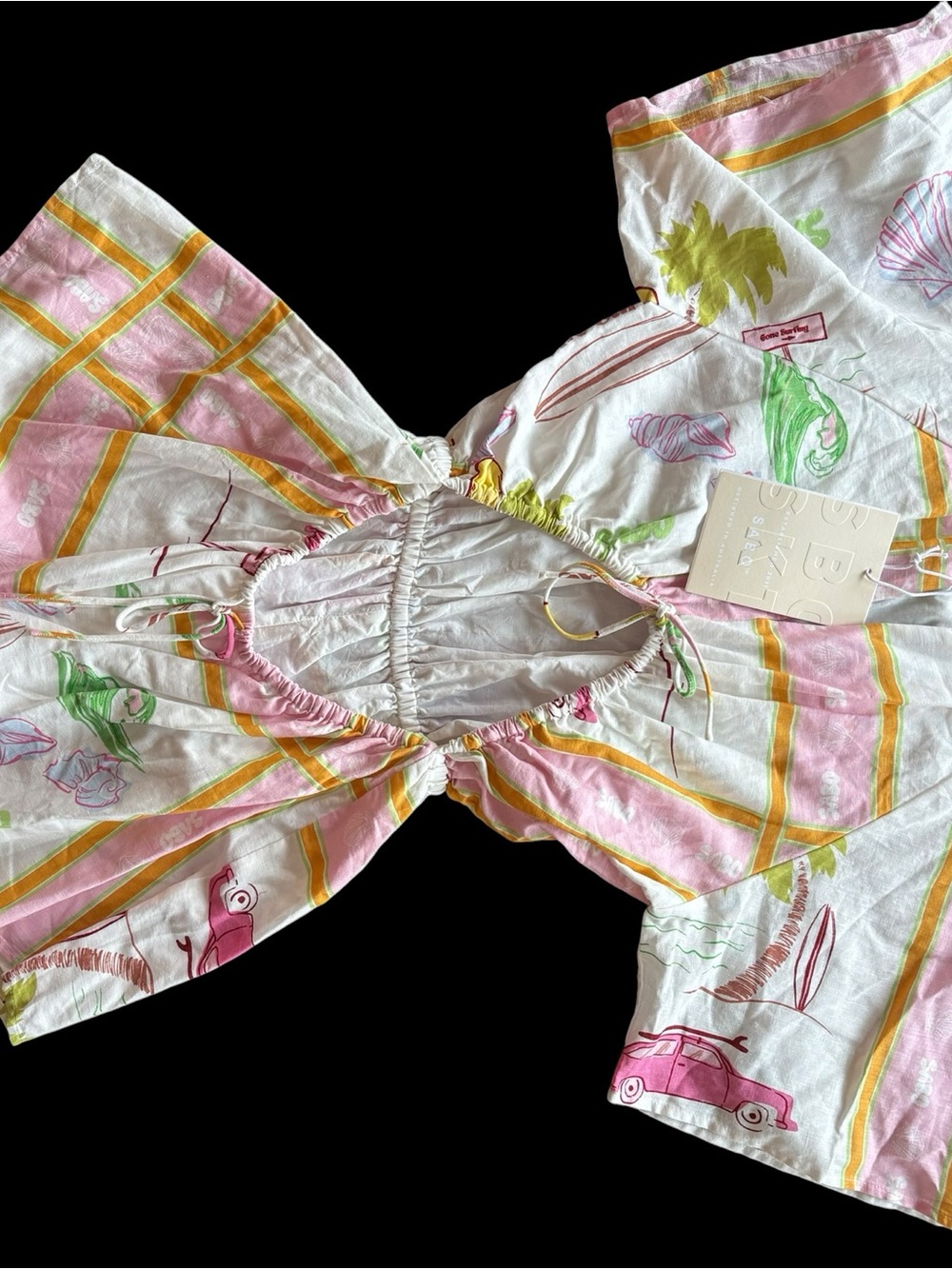 SABO Linen Pink & White Printed Cutout Romper with Tie Waist - Picture 5 of 10